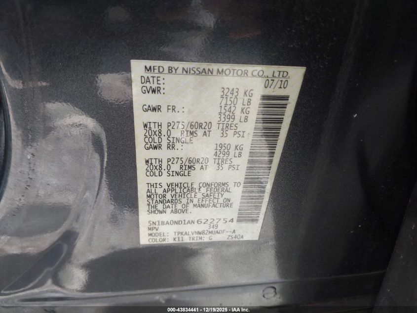 2010 Nissan Armada Titanium VIN: 5N1BA0ND1AN622754 Lot: 43834441