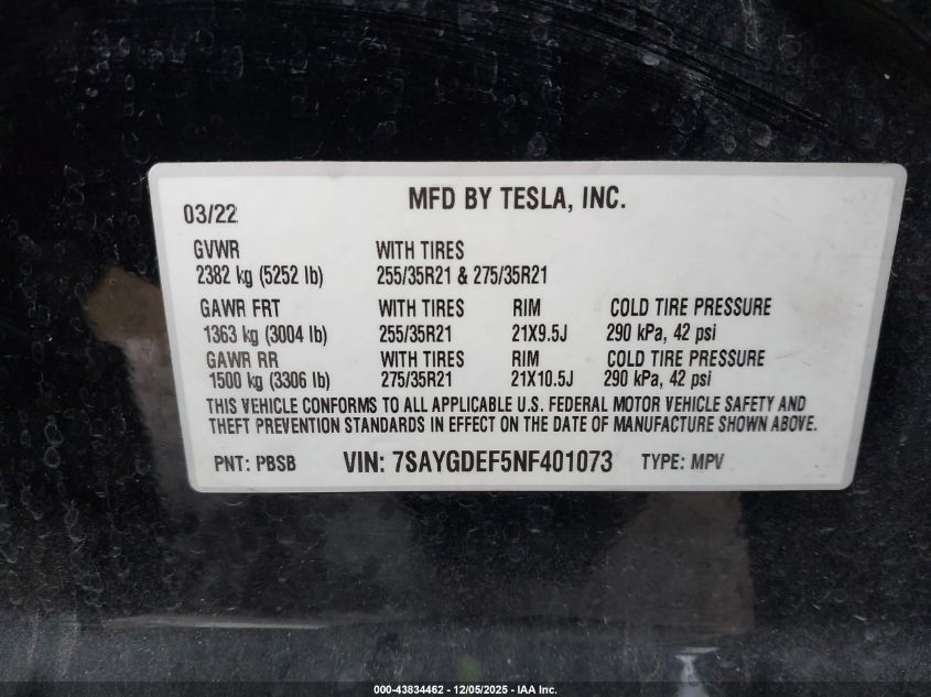 2022 Tesla Model Y Performance Dual Motor All-Wheel Drive VIN: 7SAYGDEF5NF401073 Lot: 43834462