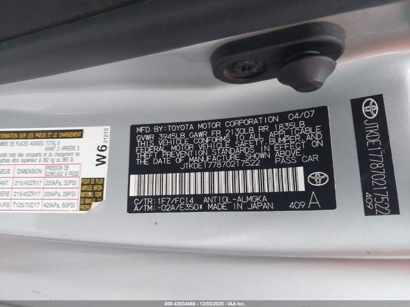 2007 Scion Tc VIN: JTKDE177870217522 Lot: 43834468