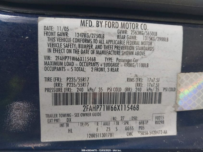 2006 Ford Crown Victoria Police/Police Interceptor VIN: 2FAHP71W66X115468 Lot: 43834470