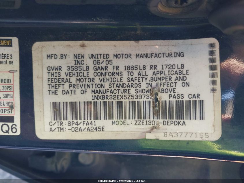 2005 Toyota Corolla Ce VIN: 1NXBR32EX5Z539732 Lot: 43834490