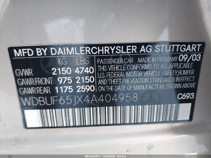 2004 Mercedes-Benz E 320 VIN: WDBUF65JX4A404958 Lot: 43834511