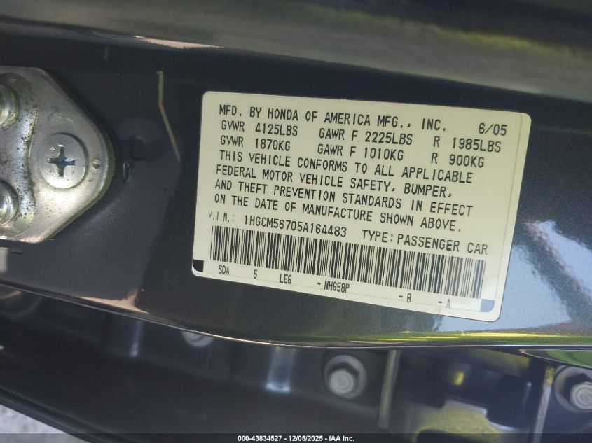 2005 Honda Accord 2.4 Ex VIN: 1HGCM56705A164483 Lot: 43834527