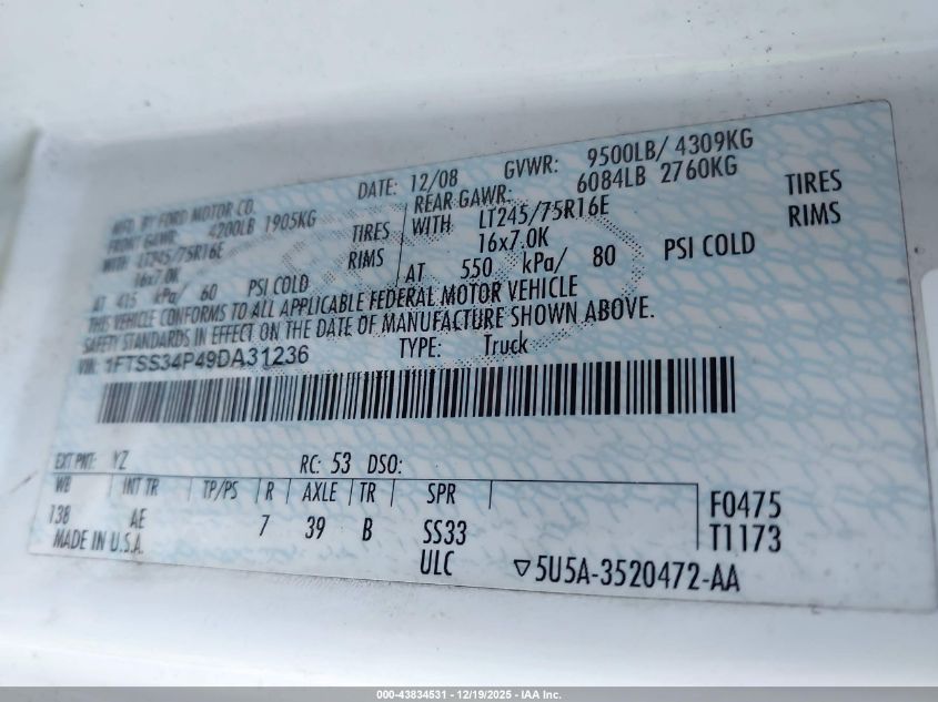 2009 Ford E-350 Super Duty Commercial VIN: 1FTSS34P49DA31236 Lot: 43834531