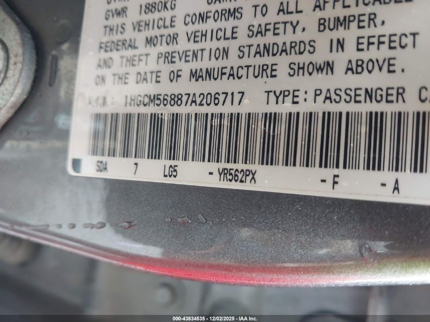 2007 Honda Accord 2.4 Ex VIN: 1HGCM56887A206717 Lot: 43834535