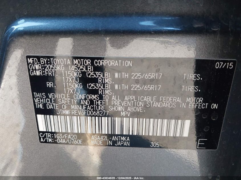 2015 Toyota Rav4 Xle VIN: JTMWFREV3FD068277 Lot: 43834539