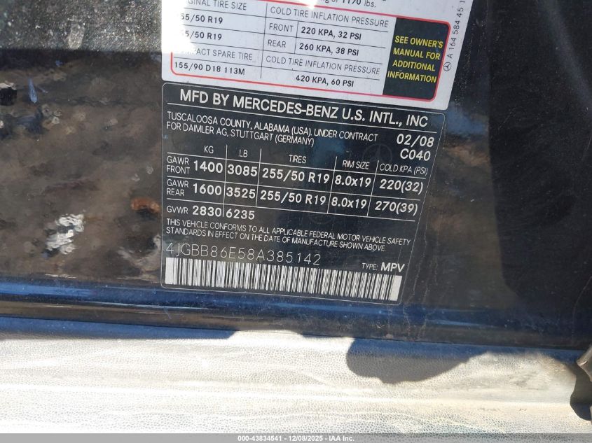 2008 Mercedes-Benz Ml 350 4Matic VIN: 4JGBB86E58A385142 Lot: 43834541