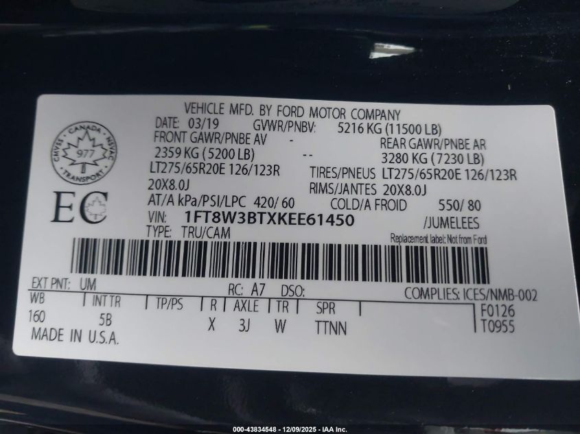 2019 Ford F-350 Lariat VIN: 1FT8W3BTXKEE61450 Lot: 43834548