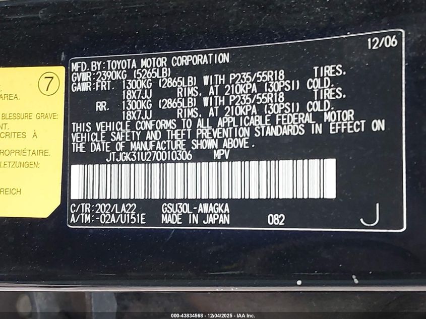 2007 Lexus Rx 350 VIN: JTJGK31U270010306 Lot: 43834568