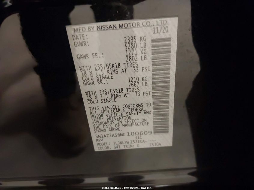 2021 Nissan Murano S Intelligent Awd VIN: 5N1AZ2AS6MC100609 Lot: 43834575