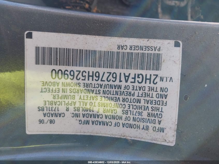 2006 Honda Civic Dx VIN: 2HGFA16276H526900 Lot: 43834602