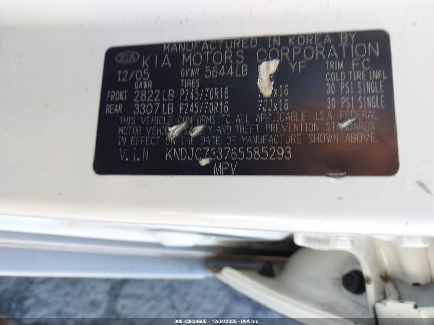2006 Kia Sorento Ex/Lx VIN: KNDJC733765585293 Lot: 43834605