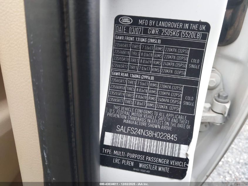 2008 Land Rover Lr2 Se VIN: SALFS24N38H022845 Lot: 43834611