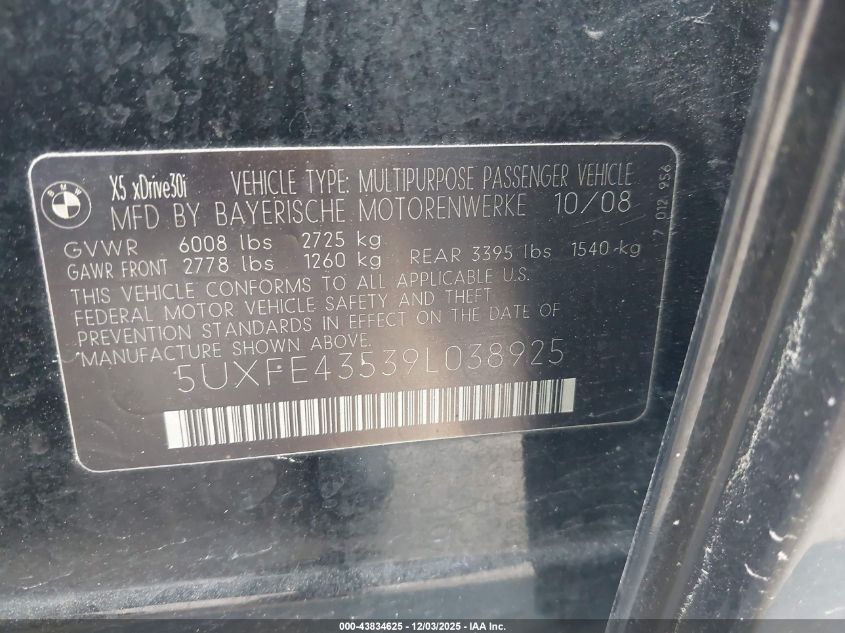 2009 BMW X5 xDrive30I VIN: 5UXFE43539L038925 Lot: 43834625
