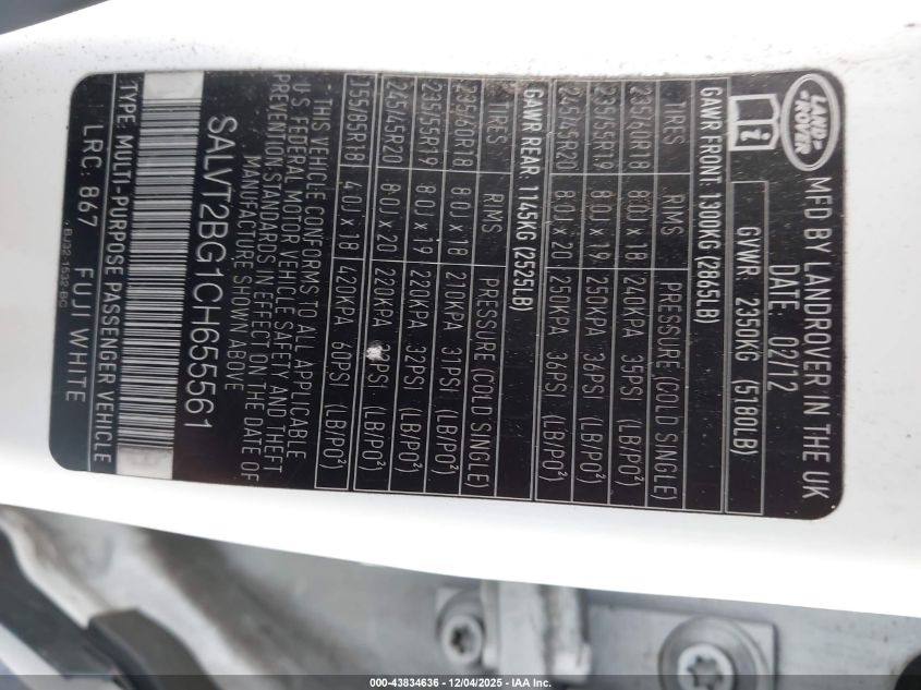 2012 Land Rover Range Rover Evoque Pure Plus VIN: SALVT2BG1CH655561 Lot: 43834636