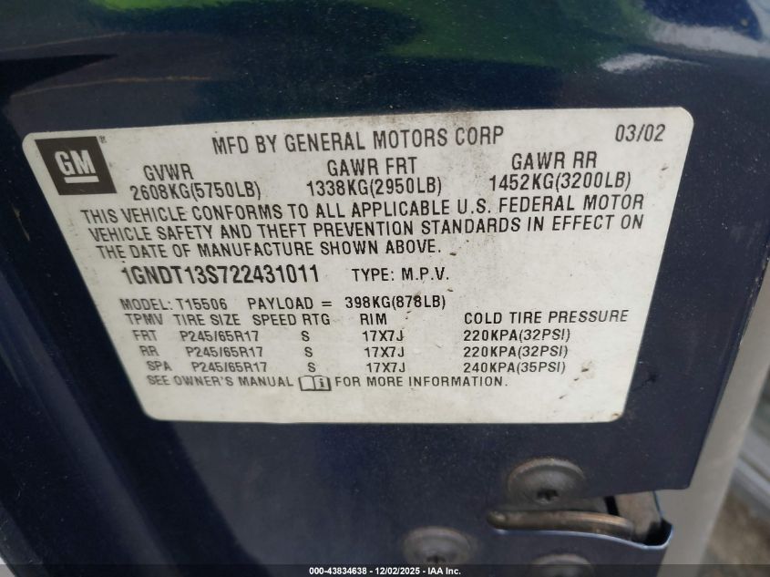 2002 Chevrolet Trailblazer Ltz VIN: 1GNDT13S722431011 Lot: 43834638