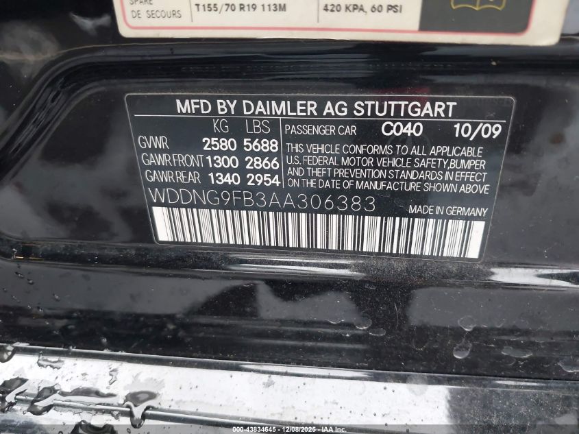 2010 Mercedes-Benz S 400 Hybrid VIN: WDDNG9FB3AA306383 Lot: 43834645