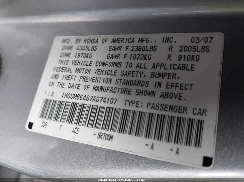 2007 Honda Accord 3.0 Se VIN: 1HGCM66467A074107 Lot: 43834651