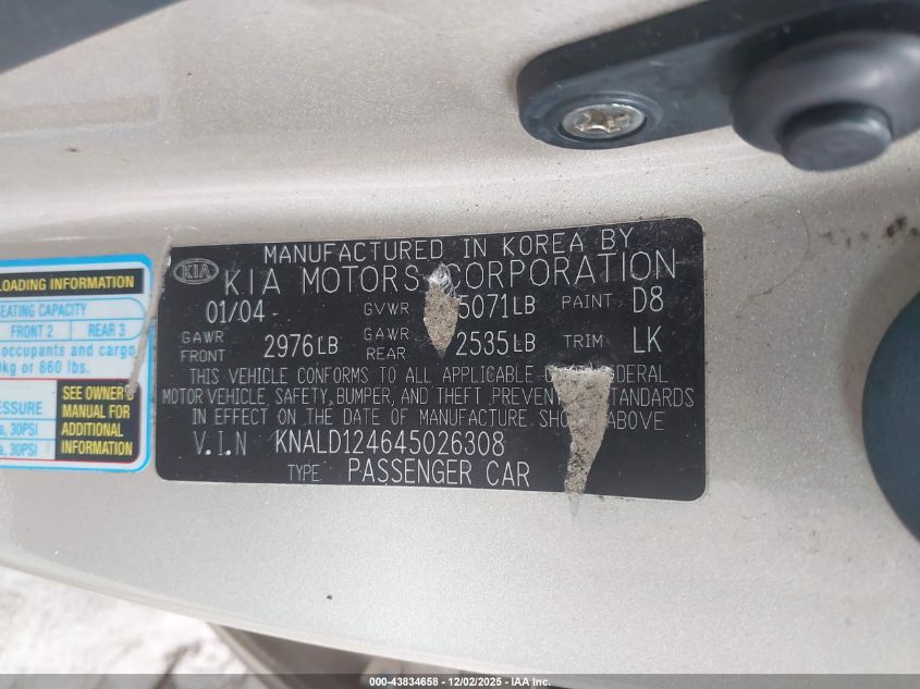 2004 Kia Amanti VIN: KNALD124645026308 Lot: 43834658