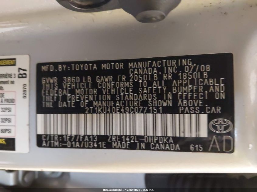 2009 Toyota Matrix VIN: 2T1KU40E49C077151 Lot: 43834668