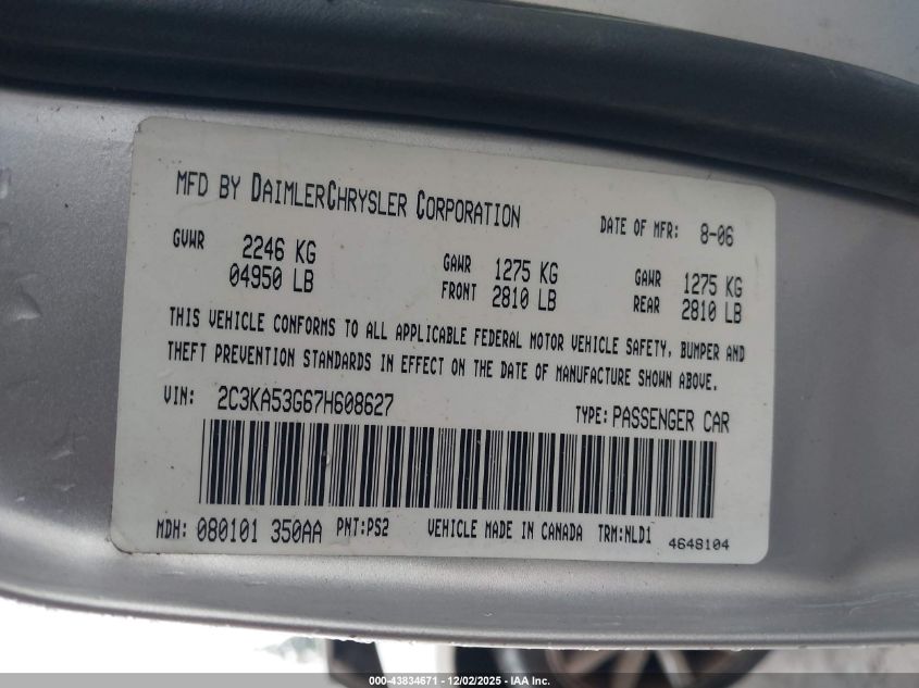 2007 Chrysler 300 Touring VIN: 2C3KA53G67H608627 Lot: 43834671
