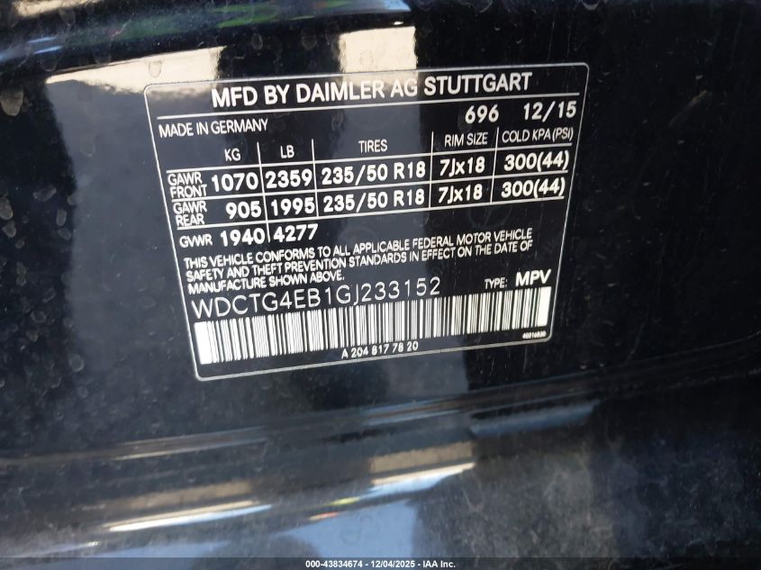 2016 Mercedes-Benz Gla 250 VIN: WDCTG4EB1GJ233152 Lot: 43834674