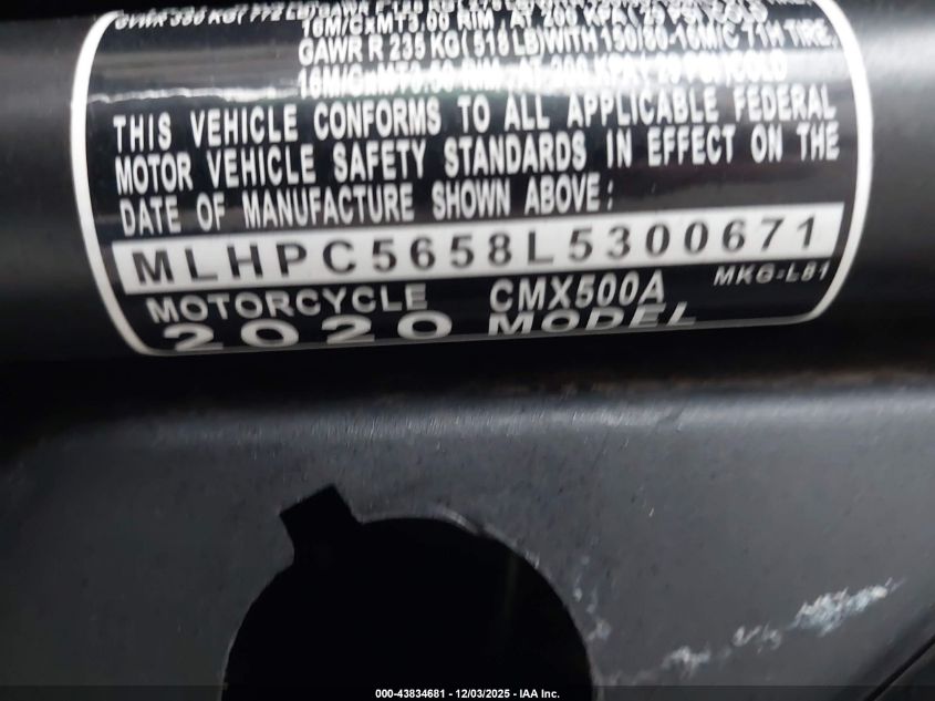 2020 Honda Cmx500 A VIN: MLHPC5658L5300671 Lot: 43834681