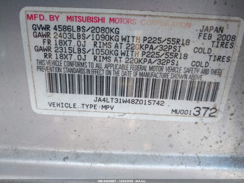 2008 Mitsubishi Outlander Se VIN: JA4LT31W48Z015742 Lot: 43834687