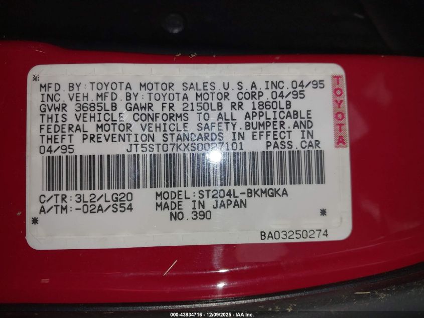 1995 Toyota Celica Gt VIN: JT5ST07KXS0027101 Lot: 43834716