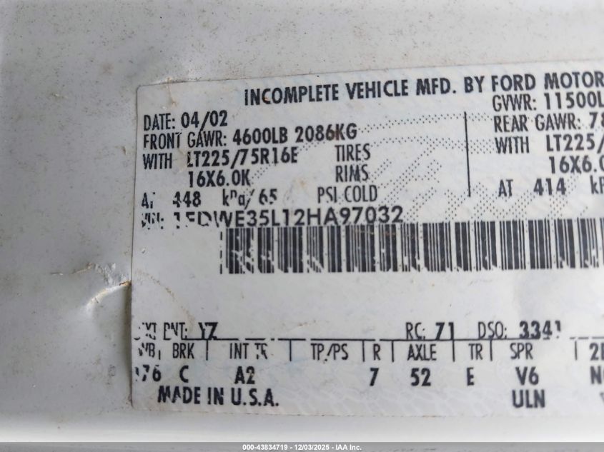 2002 Ford E-350 Cutaway Standard VIN: 1FDWE35L12HA97032 Lot: 43834719