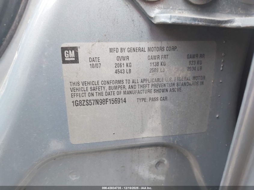 2008 Saturn Aura Xe VIN: 1G8ZS57N98F156914 Lot: 43834735