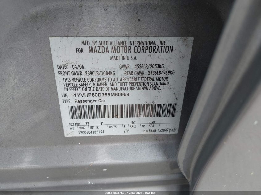 2006 Mazda Mazda6 I Grand Sport VIN: 1YVHP80D365M60954 Lot: 43834750