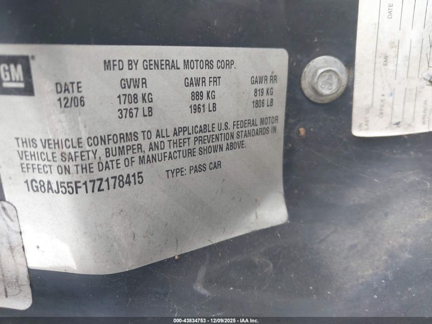 2007 Saturn Ion 2 VIN: 1G8AJ55F17Z178415 Lot: 43834753
