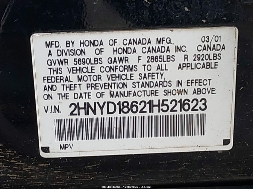 2001 Acura Mdx VIN: 2HNYD18621H521623 Lot: 43834768