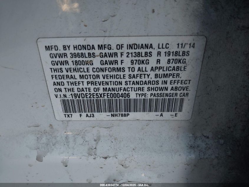 2015 Acura Ilx 2.4L VIN: 19VDE2E5XFE000406 Lot: 43834774