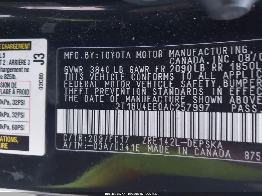 2010 Toyota Corolla S VIN: 2T1BU4EE0AC257997 Lot: 43834777