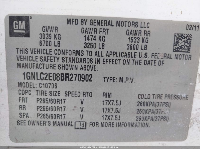 2011 Chevrolet Tahoe Commercial Fleet VIN: 1GNLC2E08BR270902 Lot: 43834779