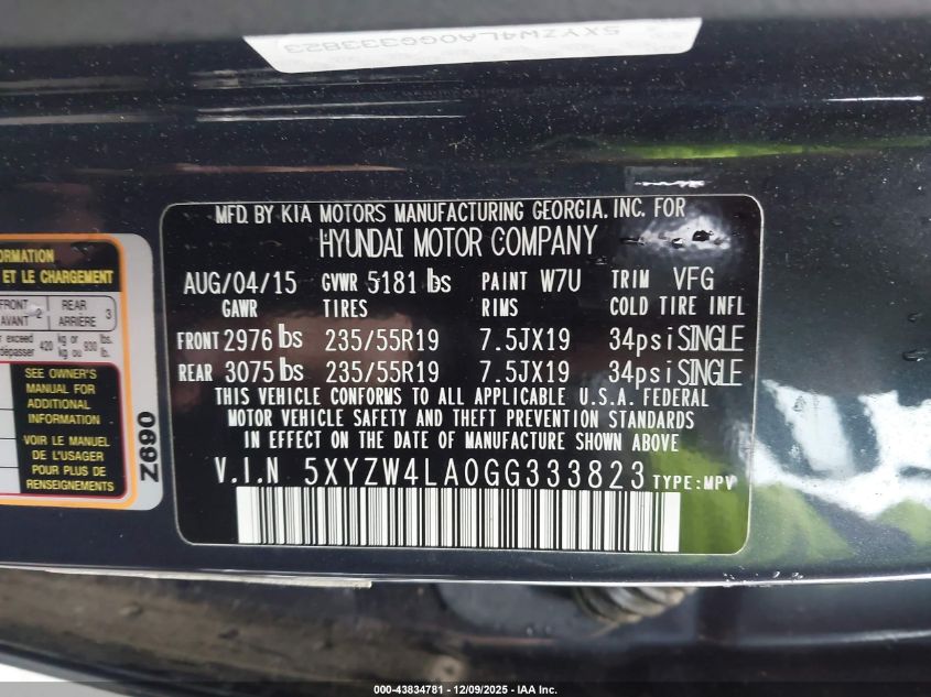 2016 Hyundai Santa Fe Sport 2.0L Turbo VIN: 5XYZW4LA0GG333823 Lot: 43834781