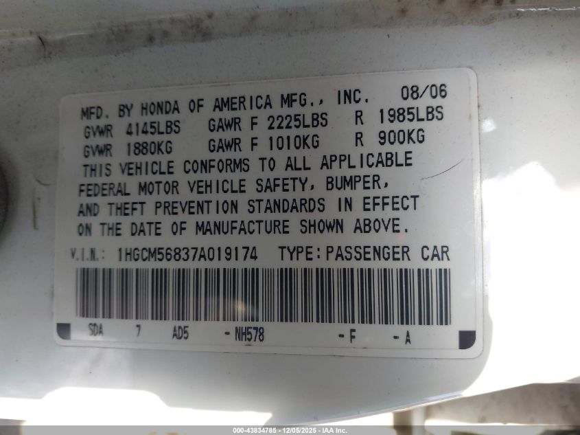 2007 Honda Accord 2.4 Ex VIN: 1HGCM56837A019174 Lot: 43834785