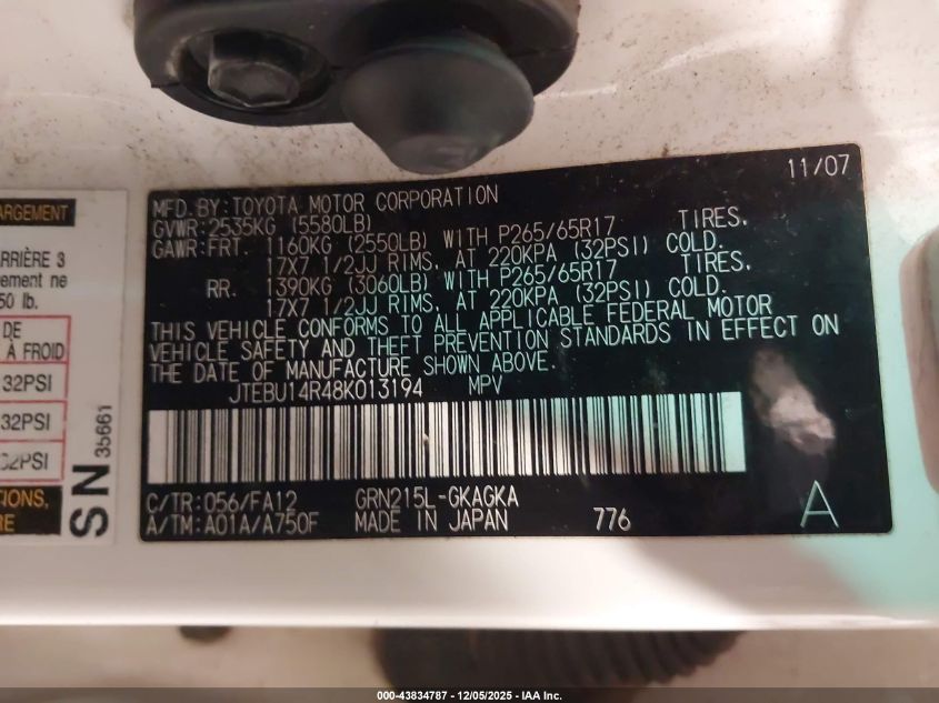 2008 Toyota 4Runner Sr5 V6 VIN: JTEBU14R48K013194 Lot: 43834787