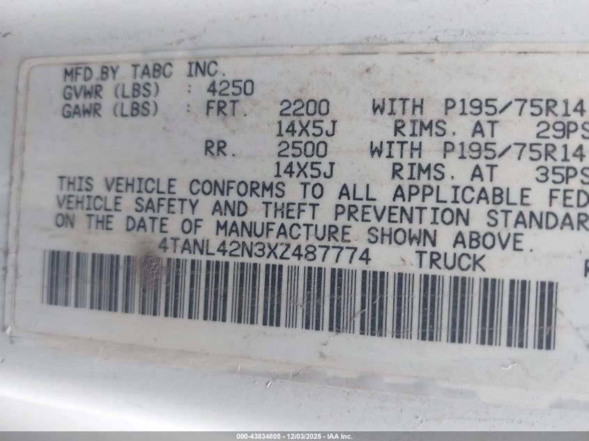 1999 Toyota Tacoma VIN: 4TANL42N3XZ487774 Lot: 43834805