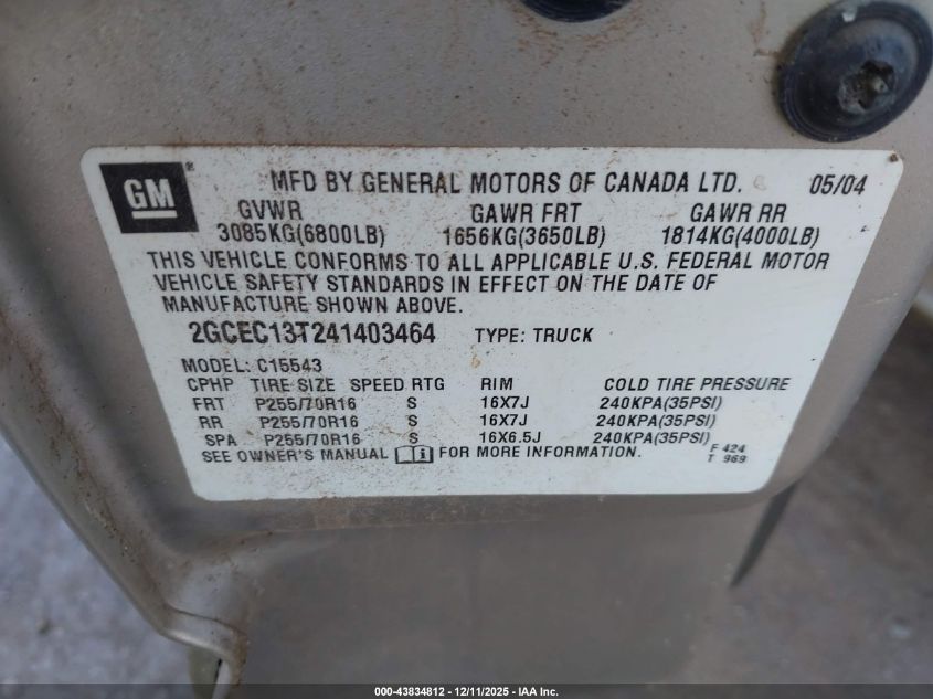 2004 Chevrolet Silverado 1500 Lt VIN: 2GCEC13T241403464 Lot: 43834812