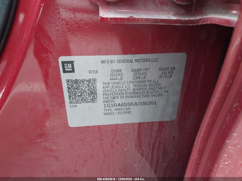 2018 Chevrolet Volt Lt VIN: 1G1RA6S50JU155201 Lot: 43834816