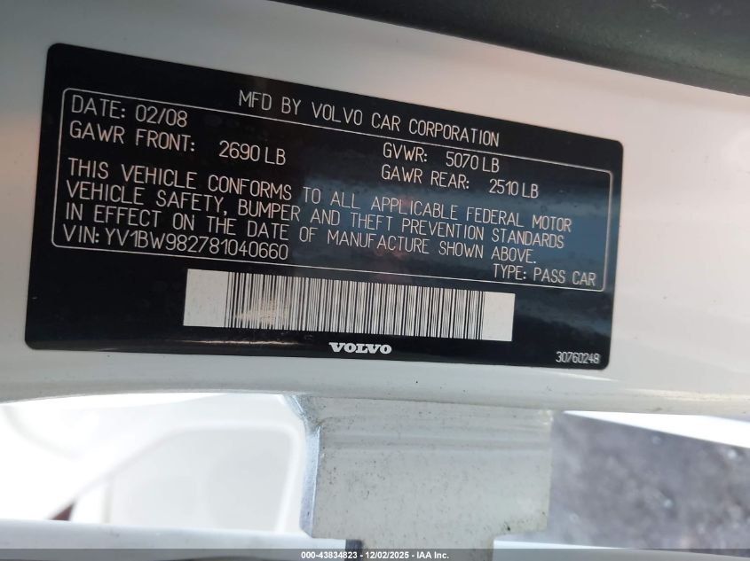 2008 Volvo V70 3.2 VIN: YV1BW982781040660 Lot: 43834823