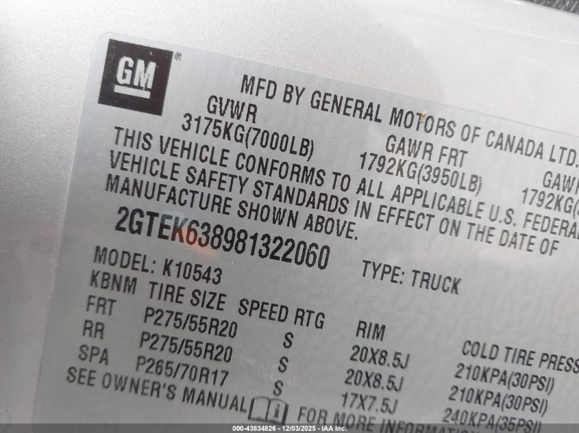 2008 GMC Sierra 1500 Denali VIN: 2GTEK638981322060 Lot: 43834826