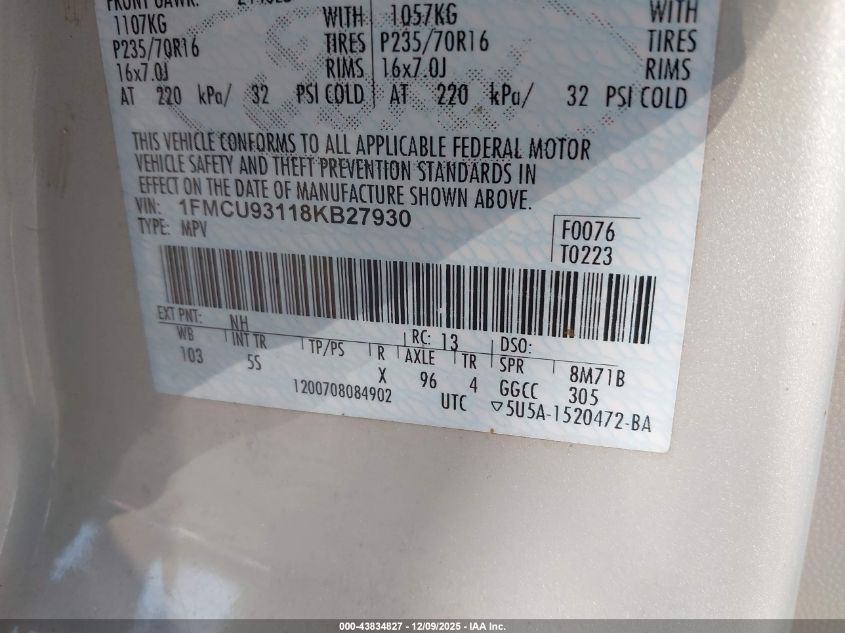 2008 Ford Escape Xlt VIN: 1FMCU93118KB27930 Lot: 43834827