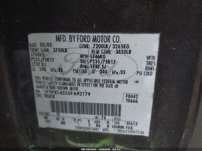 2005 Ford F-150 Fx4/Lariat/Xl/Xlt VIN: 1FTPX14535FA92179 Lot: 43834834