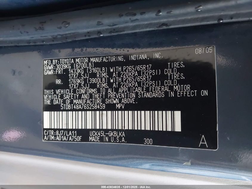 2006 Toyota Sequoia Limited V8 VIN: 5TDBT48A76S258459 Lot: 43834835