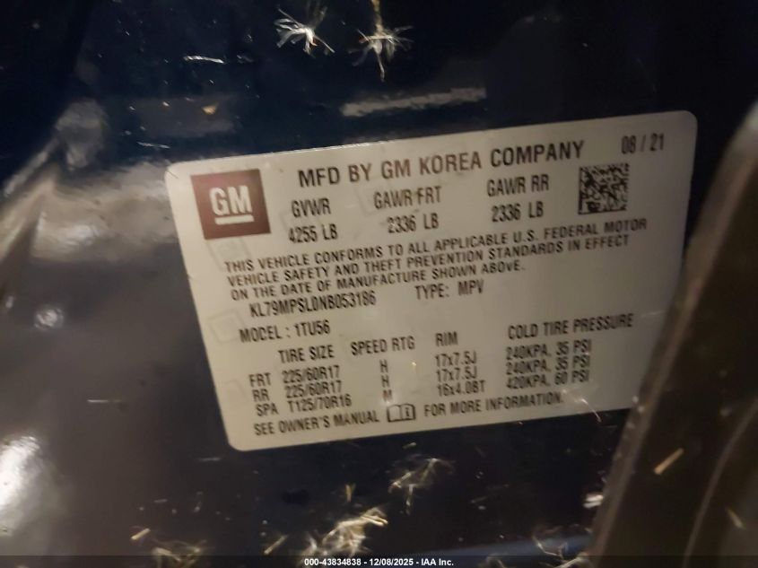 2022 Chevrolet Trailblazer Fwd Lt VIN: KL79MPSL0NB053186 Lot: 43834838