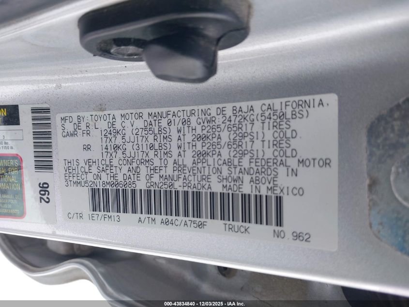 2008 Toyota Tacoma Base V6 VIN: 3TMMU52N18M006085 Lot: 43834840